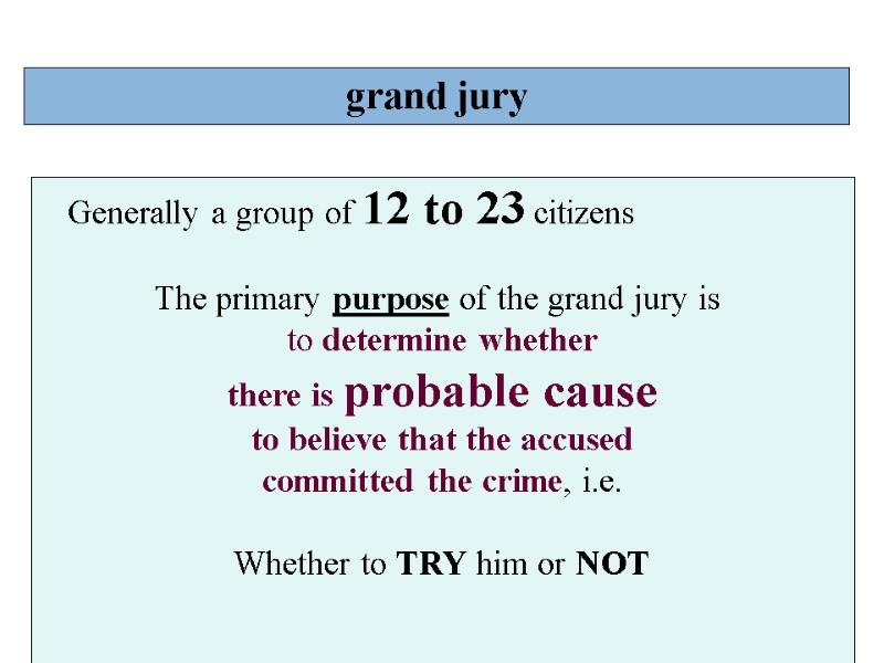 grand jury Generally a group of 12 to 23 citizens    